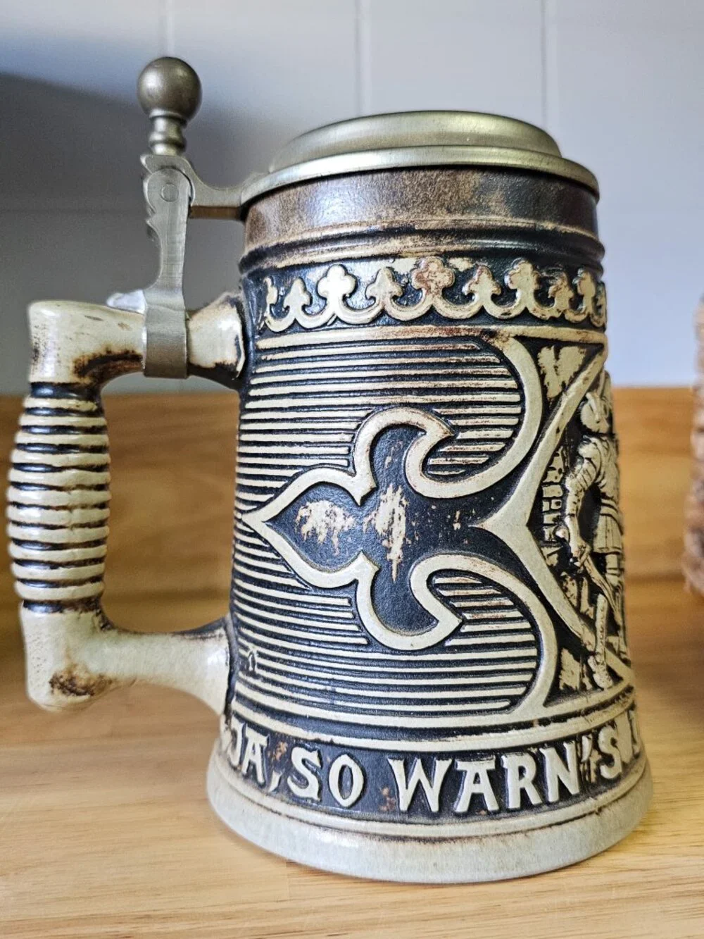 Vtg Gerz German Salt Glaze Stoneware Lidded Beer Stein Knighthood Pewter Lid